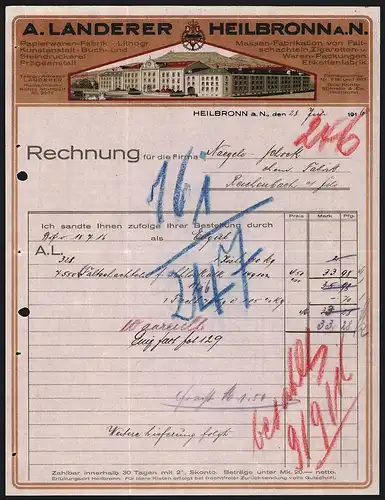 Rechnung Heilbronn 1916, A. Landerer Papierwaren-Fabrik, Buch- und Steindruckerei, Werkansicht