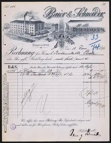 Rechnung Heilbronn a. N. 1896, Baier & Schneider Geschäftsbücher-Fabrik, Werkansicht