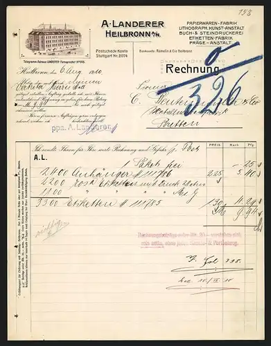 Rechnung Heilbronn 1910, A. Landerer Papierwaren-Fabrik, Buch- & Steindruckerei, Werkansicht