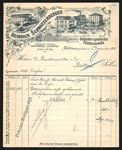 Rechnung Heilbronn a. N. 1896, Heinrich Schwarzenberger Putzwollfabrik, Werkansichten