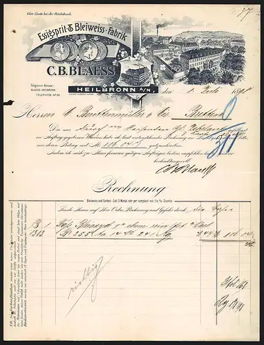 Rechnung Heilbronn a. N. 1898, C. B. Blaess Essigsprit & Bleiweiss-Fabrik, Werkansicht und Auszeichnungen