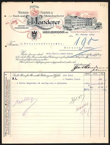 Rechnung Heilbronn a. N. 1903, A. Landerer Papierwarenfabrik, Buch- und Steindruckerei, Werkansicht