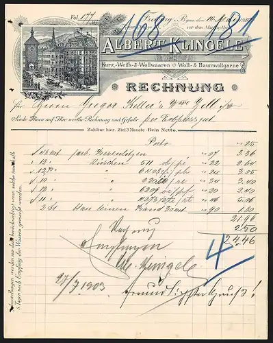 Rechnung Freiburg i. B. 1902, Albert Klingele Kurz-, Weiss- & Wollwaaren, Woll- & Baumwollgarne, Ladenansicht