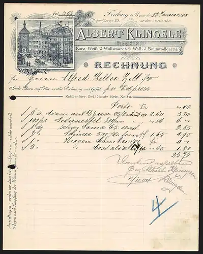 Rechnung Freiburg i. B. 1904, Albert Klingele Kurz-, Weiss- & Wollwaaren, Woll- & Baumwollgarne, Ladenansicht