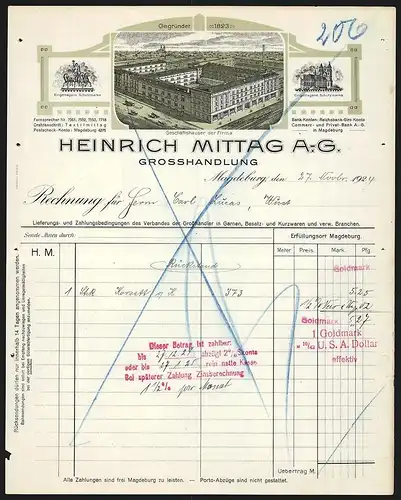 Rechnung Magdeburg 1924, Heinrich Mittag AG Grosshandlung, Geschäftshäuser der Firma