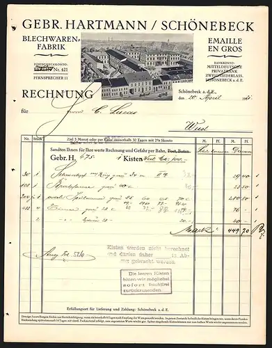 Rechnung Schönebeck a. d. E. 1921, Gebr. Hartmann Blechwaren-Fabrik, Emaille En Gros, Werkansicht