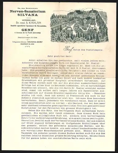 Rechnung Genf, Dr. Med. Rumler`sches Nerven-Sanatorium Silvana, Ansicht mit Parkanlage