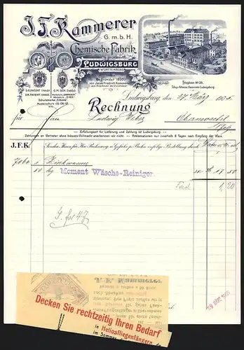 Rechnung Ludwigsburg 1905, J. F. Kammerer GmbH chemische Fabrik, Werkansicht und Auszeichnungen