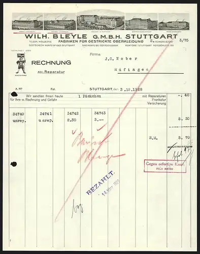 Rechnung Stuttgart 1928, Wilh. Bleyle GmbH Fabriken für gestrickte Oberkleidung, Werkansichten