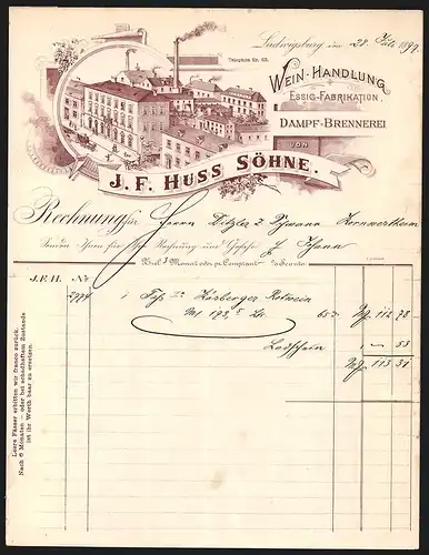 Rechnung Ludwigsburg 1897, J. F. Huss Söhne Wein-Handlung, Essig-Fabrikation, Dampf-Brennerei, Werkansicht