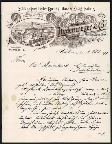 Rechnung Heilbronn a. N. 1899, Lindenmeyer & Co. Getreidepresshefe-, Kornspiritus- & Essig-Fabrik, Werkansicht