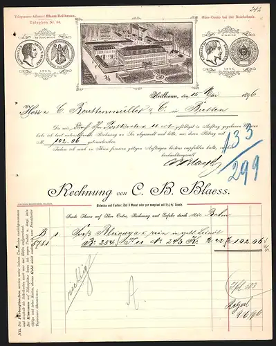 Rechnung Heilbronn 1896, C. B. Blaess Bleiweiss und Farben, Werkansicht und Auszeichnungen