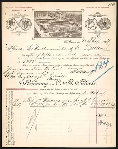 Rechnung Heilbronn 1897, C. B. Blaess Bleiweiss und Farben, Werkansicht und Auszeichnungen