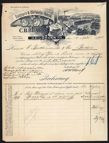 Rechnung Heilbronn a. N. 1898, C. B. Blaess Essigspirit- & Bleiweiss-Fabrik, Werkansicht und Auszeichnungen