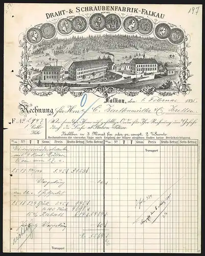 Rechnung Falkau 1895, Draht- & Schraubenfabrik Falkau, Werkansicht und Auszeichnungen
