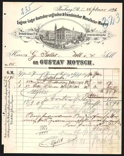 Rechnung Freiburg i. B. 1896, Gustav Motsch Engros-Lager dt., eng., und frz. Manufactur-Waaren, Werkansicht