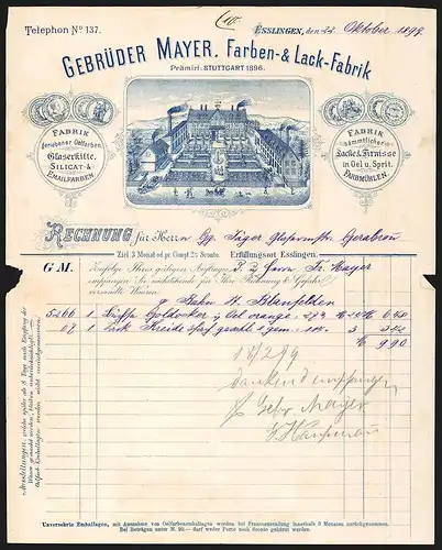 Rechnung Esslingen 1897, Gebrüder Mayer, Farben- & Lack-Fabrik, Werkansicht und Auszeichnungen
