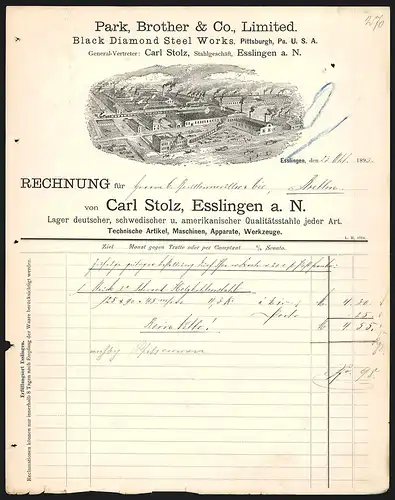 Rechnung Esslingen 1893, Park, Borther & Co. Limited, Black Diamond Steel Works, Carl Stolz, Werkansicht