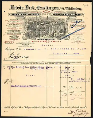 Rechnung Esslingen a. N. 1910, Friedr. Dick Werkzeug- und Feilenfabrik, Werkansicht
