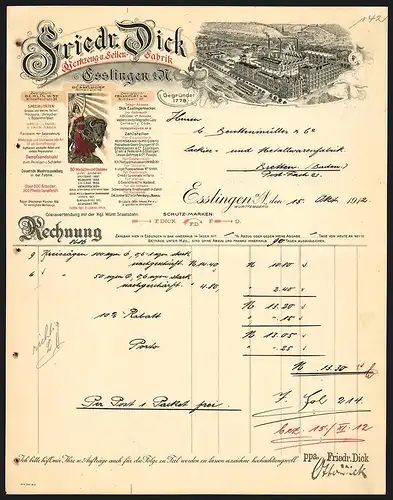 Rechnung Esslingen 1912, Friedr. Dick Werkzeug- und Feilenfabrik, Werkansicht und Auszeichnungen