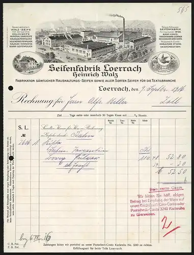 Rechnung Loerrach 1916, Seifenfabrik Loerrach Heinrich Walz, Werkansicht und Auszeichnungen