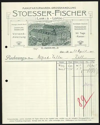 Rechnung Lahr i. B. 1913, Stoesser-Fischer Manufakturwaren-Grosshandlung, Ladenansicht