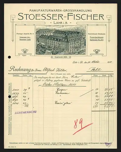 Rechnung Lahr i. B. 1914, Stoesser-Fischer Manufakturwaren-Grosshandlung, Ladenansicht