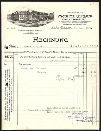 Rechnung Lahr i. Baden 1929, Moritz Unger Grosshandlung in Kurz-, Woll- und Bauwollwaren, Ladenansicht