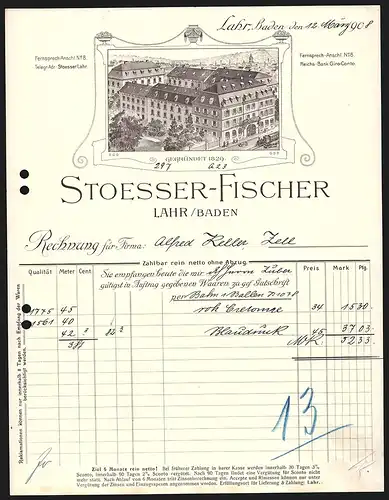 Rechnung Lahr /Baden 1908, Stoesser-Fischer, Ladenansicht mit Strassenbahn