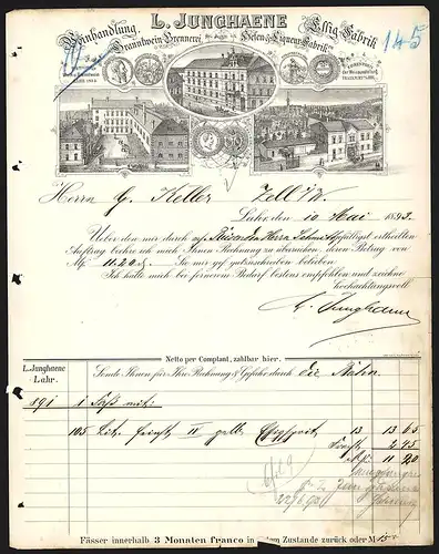 Rechnung Lahr 1893, L. Junghaene Weinhandlung, Essig-Fabrik, Branntwein-Brennerei, Laden- und Werkansichten
