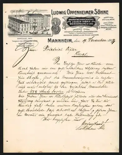 Rechnung Mannheim 1907, Ludwig Oppenheimer Söhne Branntweinbrennerei, Liqueur-Fabrik, Ladenansicht