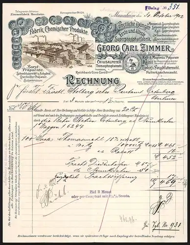 Rechnung Mannheim 1902, Georg Carl Zimmer Fabrik Chemischer Producte, Werkansicht und Auszeichnungen