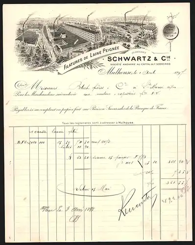 Rechnung Mulhouse 1897, Schwartz & Cie Filatures de Laine Peignée, Werkansicht und Auszeichnung