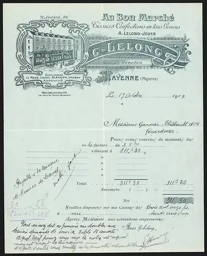 Rechnung Mayenne 1919, G. Lelong Au Bon Marché, Tissus & Confections, Rue de Beaudais, Ladenansicht