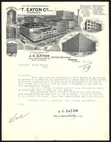 Rechnung Paris 1914, T. Eaton Co. Limited Canada, Werk- und Ladenansichten international