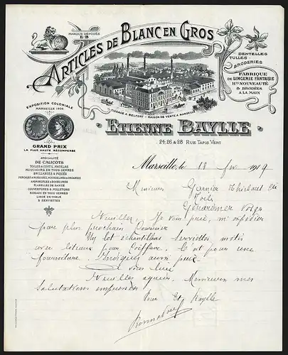 Rechnung Marseille 1919, Etienne Baylle Articles de Blanc en Gros, 24-28 Rue Tapis Vert, Werkansicht und Auszeichnungen
