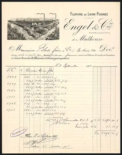 Rechnung Mulhouse 1911, Engel & Cie. Filature de Laine Peignée, Werkansicht