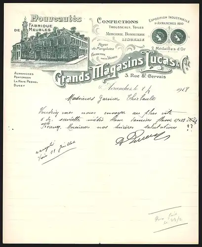 Rechnung Avranches 1918, Grand Magasins Lucas & Cie. Nouveautés, Fabrique de Meubles, Ladenansicht