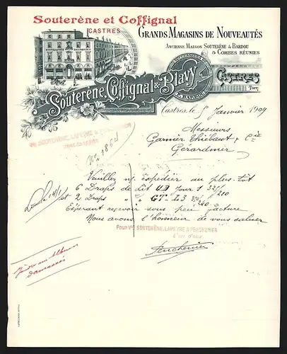 Rechnung Castres 1909, Souterène, Coffignal & Blavy Grands Magasins de Nouveautés, Ladenansicht