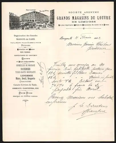 Rechnung Limoges 1902, Grand Magasins du Louvre, Société Anonyme, Ladenansicht Place Lamothe-Rue des Arénes