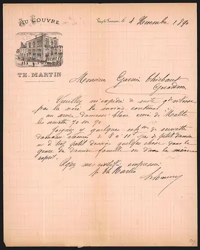 Briefkopf Vitry-le-Francois 1890, Th. Martin, Au Louvre, Ladenansicht
