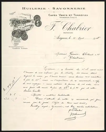 Rechnung Avignon 1908, F. Chabrier Huilerie et Savonnerie, Werkansicht und Auszeichnungen