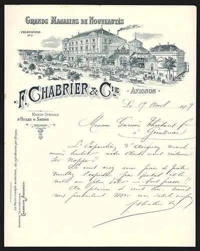 Rechnung Avignon 1907, Chabrier & Cie. Grand Magasins de Nouveautés, Ladenansicht