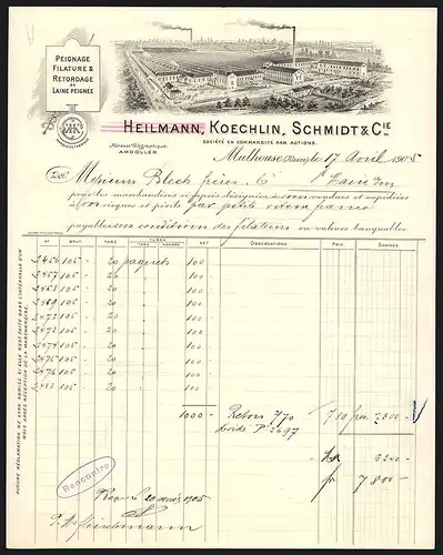 Rechnung Mulhouse 1905, Heilmann, Koechlin, Schmidt & Cie. Peignage Filature & Retordage de Laine Peignée, Werkansicht
