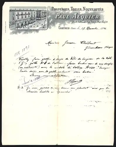 Rechnung Castres 1903, Paul Alquier Draperies, Toiles, Nouveautés, Place Nationale 13, Ladenansicht