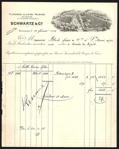 Rechnung Mulhouse 1896, Schwartz & Cie. Filatures de Laine Peignée, Werkansicht