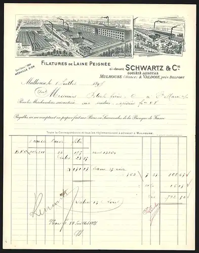 Rechnung Mulhouse 1897, Schwartz & Cie. Filatures de Laine Peignée, Werkansicht