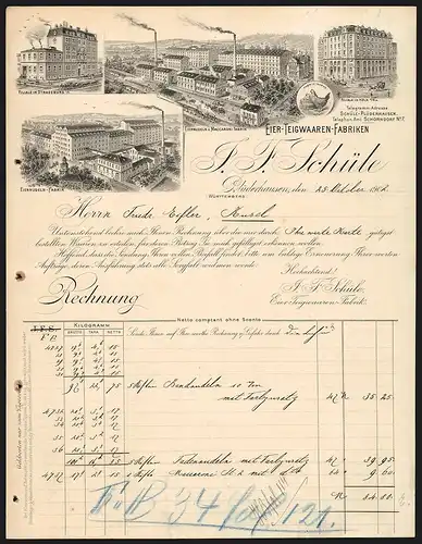 Rechnung Plüderhausen 1902, J. F. Schüle Eier-Teigwaren-Fabrik, Werkansichten und Ladenfilialen