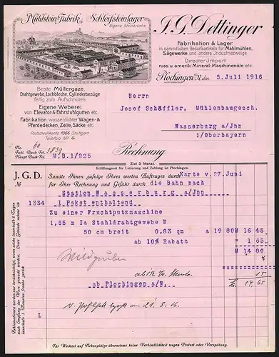Rechnung Plochingen a. N. 1916, J. G. Dettinger Fabrikation & Lager in Bedarfsartikeln für Industrie, Werkansicht