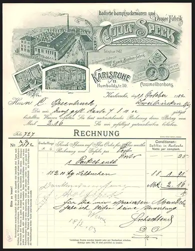 Rechnung Karlsruhe 1902, Adolf Speck, Badische Dampfzuckerwaren und Dragée-Fabrik, Werkansicht, innen und aussen